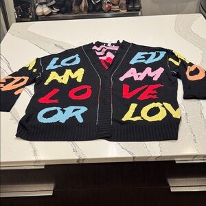 Peace Love World Love and Amor Cardigan with Colorful Text Boyfriend Style Sz 2x